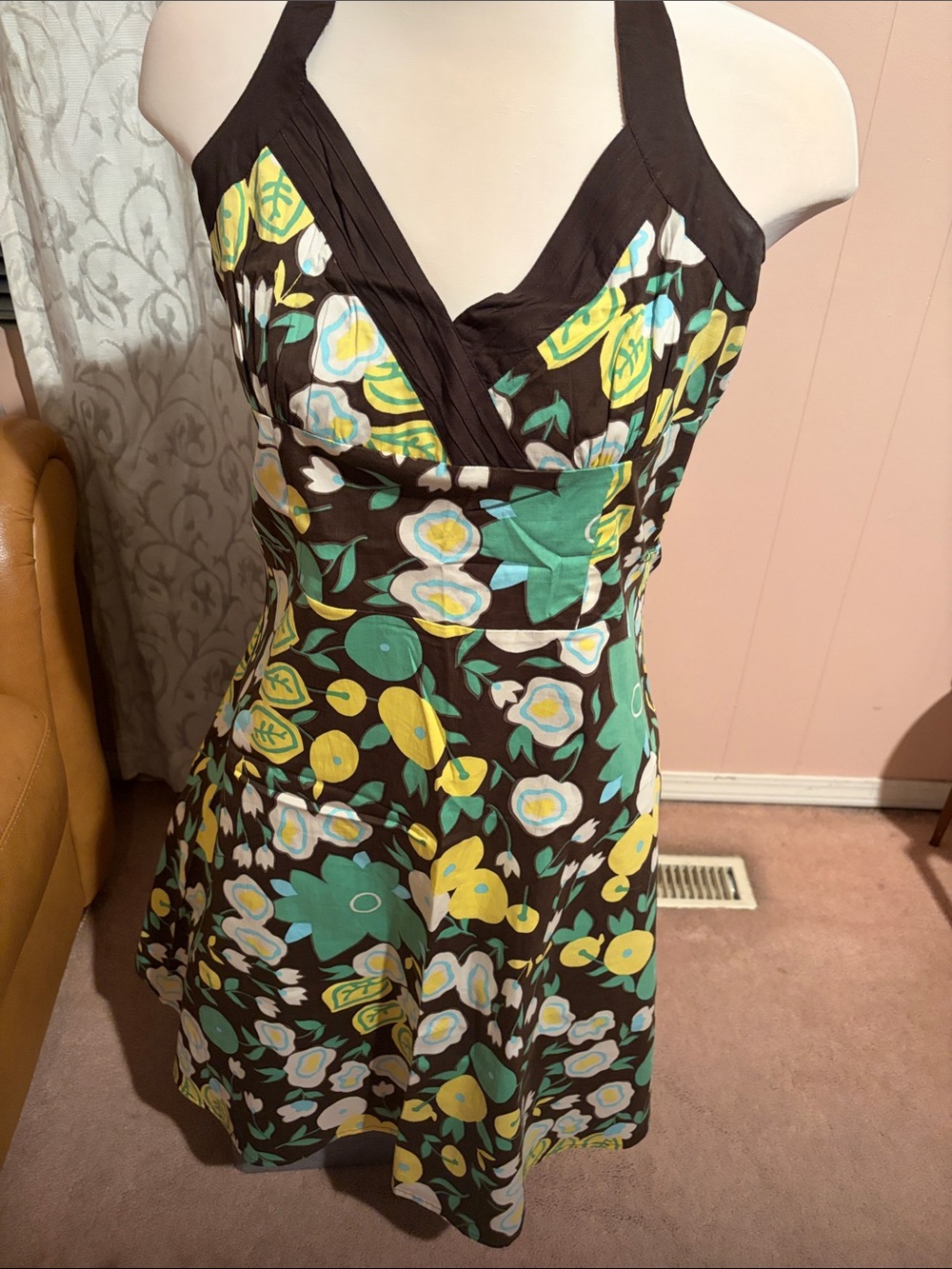 Reitmans Brown Halter Dress with Green & Yellow Floral Print